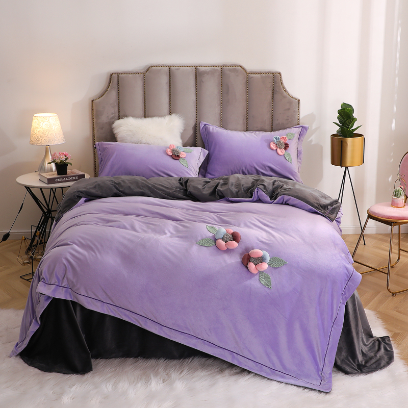 2019新款双面绒水晶绒法兰绒保暖四件套 1.8m（6英尺）床 紫