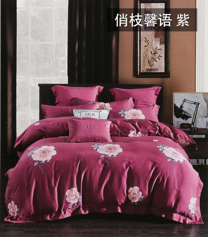 2019新款60s全棉长绒棉印花ab版四件套 1.8m（6英尺）床 俏枝馨语 紫
