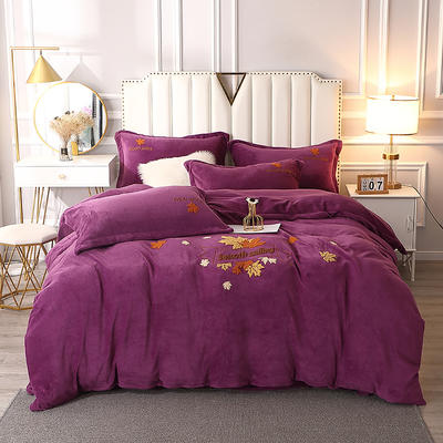 2021新款牛奶绒毛巾绣枫叶系列四件套 1.5m床单款四件套 紫色
