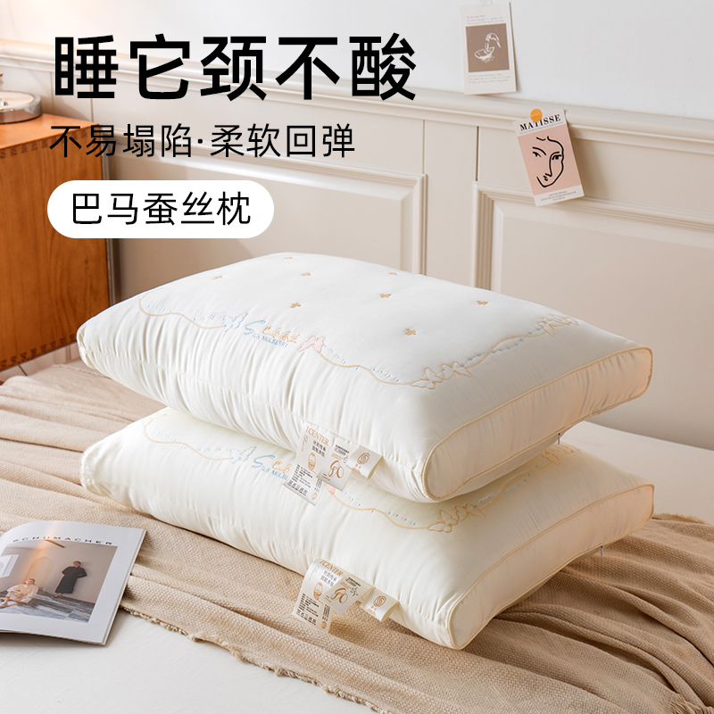 2024新款绣花莫代尔巴马蚕丝枕头枕芯 48*74cm/对 白色