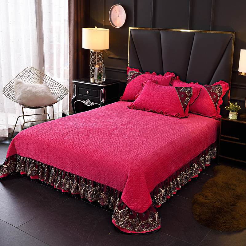 2020新款欧式夹棉蕾丝床盖三件套 245cmx250cm单床盖 维多利亚-玫红