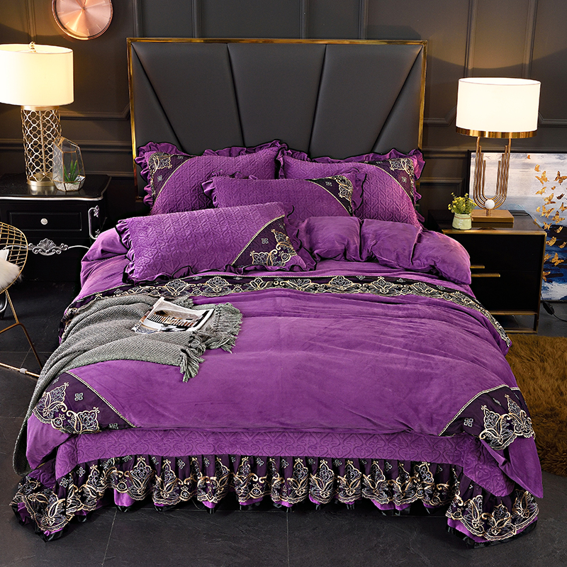 2020新款欧式水晶绒夹棉床盖四件套 1.8m床盖款四件套 维多利亚-紫色