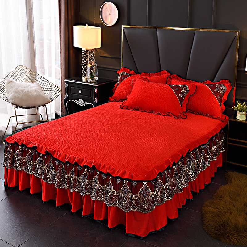2020新款欧式水晶绒夹棉蕾丝床裙 150cmx200cm 维多利亚-大红