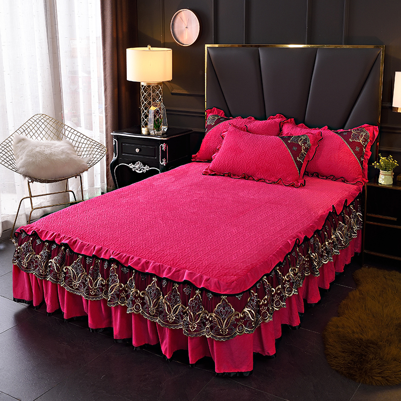 2020新款欧式水晶绒夹棉蕾丝床裙 150cmx200cm 维多利亚-玫红