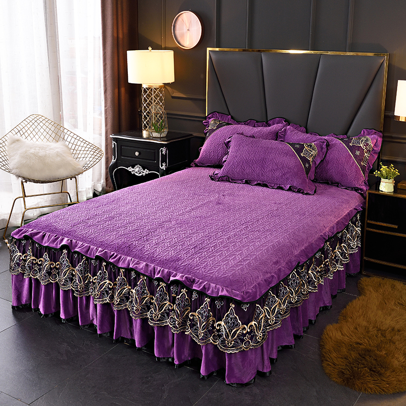 2020新款欧式水晶绒夹棉蕾丝床裙 150cmx200cm 维多利亚-紫色