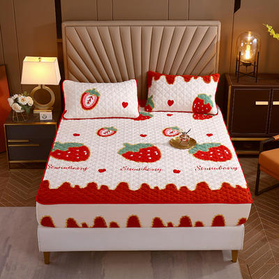 2022新款牛奶绒印花夹棉床笠三件套 0.9*2.0+30cm（需定制，提前说）单床笠 甜蜜草莓