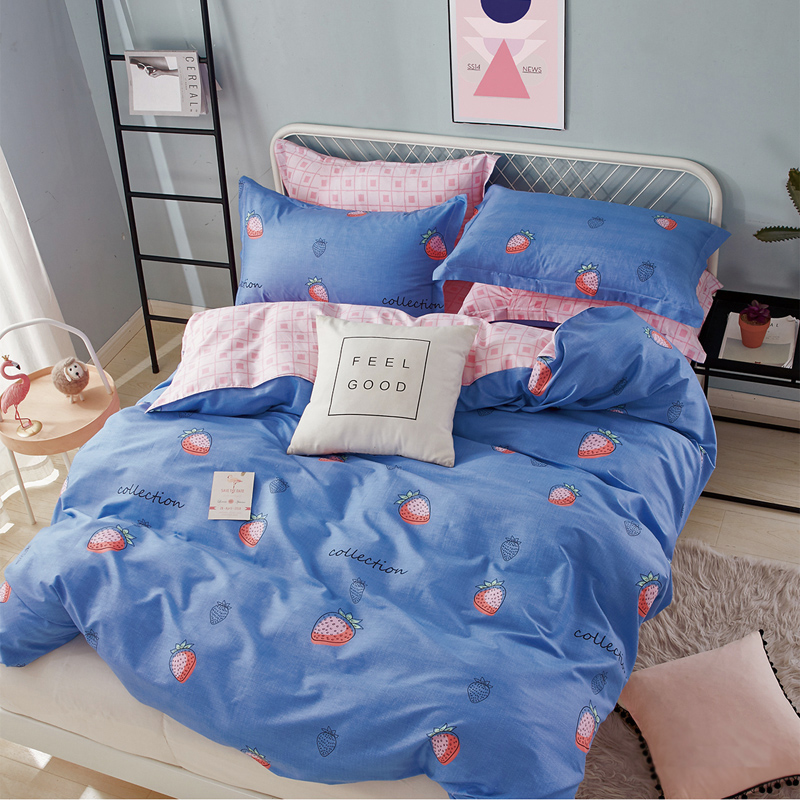 热款纯棉12868印花四件套网红款全棉三件套宿舍学生床被罩多规格可选 1.0m床三件套（1.5m被套） 草莓甜心-蓝