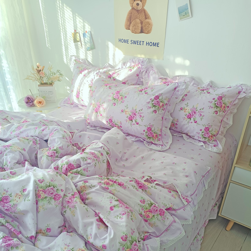 韩式纯棉少女花语四件套系列 1.8m（6英尺）床 花飞花舞-紫