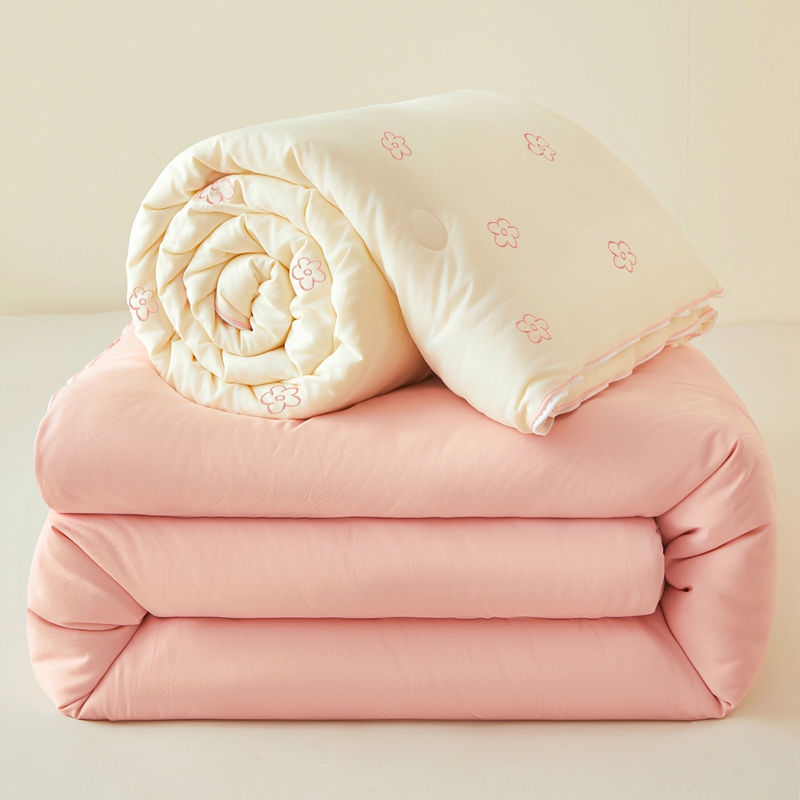 2025新款柔暖刺绣双层纱大豆子母被被子被芯 奶油粉花朵