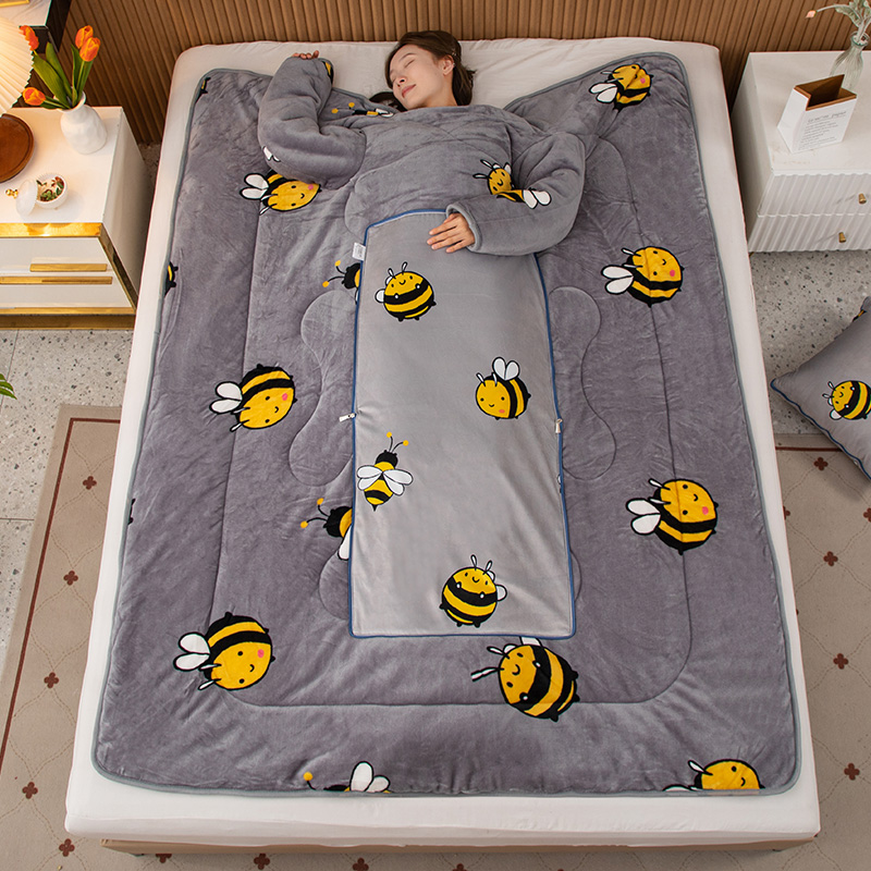2023新款多功能带袖一体式北极绒懒人抱枕被 抱枕50*50cm展开150*190cm 小蜜蜂