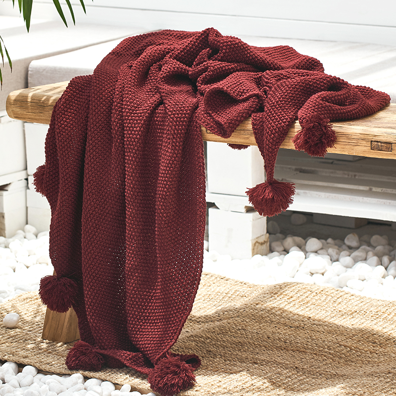 新款玛丽手工编织线毯休闲毯 130*160cm 酒红