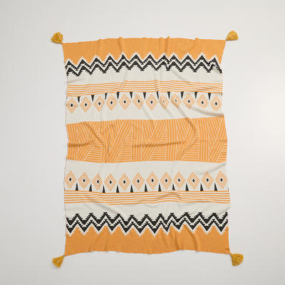 新款全棉流苏针织毯盖毯休闲毯旅行毯午睡毯沙发毯床尾巾 130*170cm 赤朽叶-黄色
