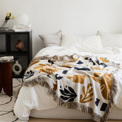 新款全棉休闲毯旅行毯午睡毯沙发毯床尾巾多功能盖毯--墨染系列 130*160cm 墨染--姜黄