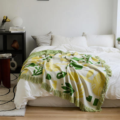 新款全棉休闲毯旅行毯午睡毯沙发毯床尾巾多功能盖毯--墨染系列 130*160cm 墨染--青柠