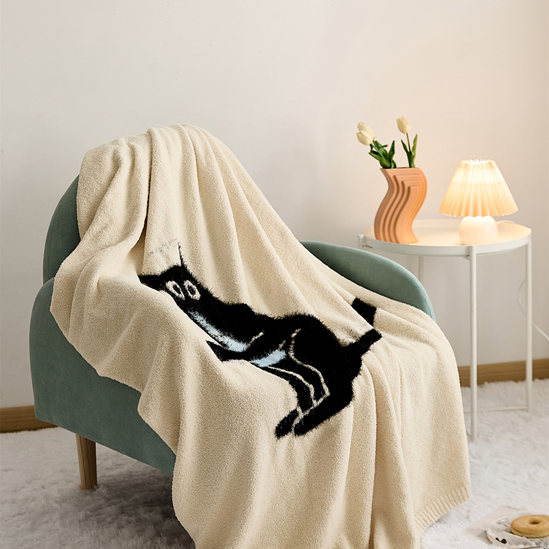 新款半边绒多功能毛毯盖毯休闲毯旅行毯午睡毯沙发毯床尾巾-弯月猫系列 130*160cm 弯月猫-黑猫