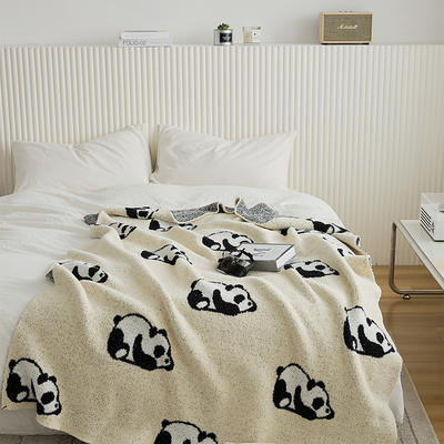 新款半边绒小熊猫毛毯盖毯休闲毯旅行毯午睡毯沙发毯床尾巾 130*160cm 米色