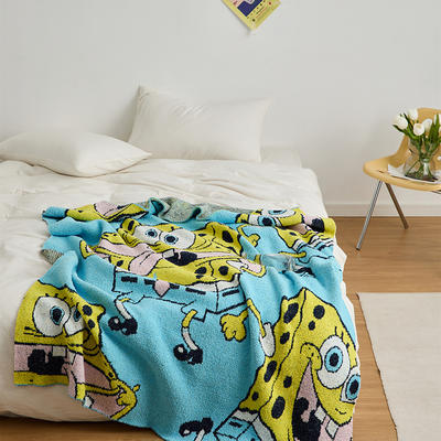 新款半边绒多功能盖毯休闲毯旅行毯午睡毯沙发毯床尾巾--海绵宝宝 130*160cm（含礼盒） 海绵宝宝-嗨皮一下-蓝色