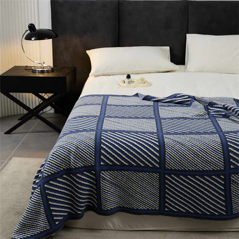2023新款全棉盖毯休闲毯旅行毯午睡毯沙发毯床尾巾-墨尔本 130*160cm 蓝色