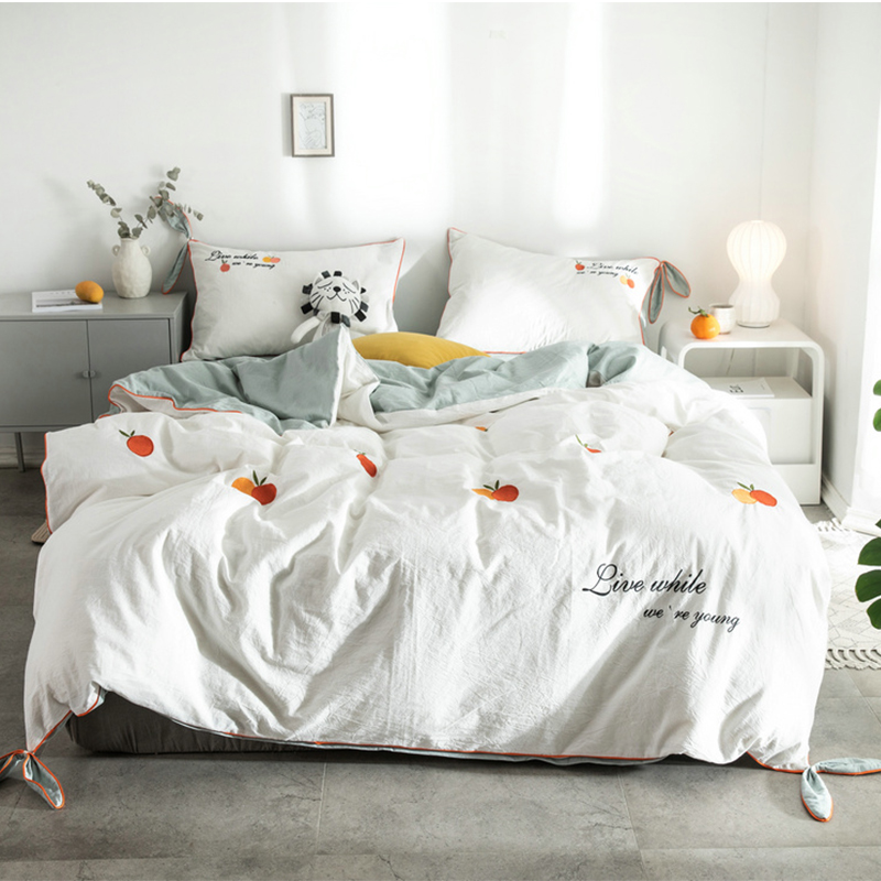 2019新款水洗棉刺绣四件套 1.5m床（床单款） 橘子-白+水绿