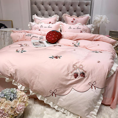 2019新款草莓朵朵长绒棉四件套（实拍） 1.5m（5英尺）床 粉色