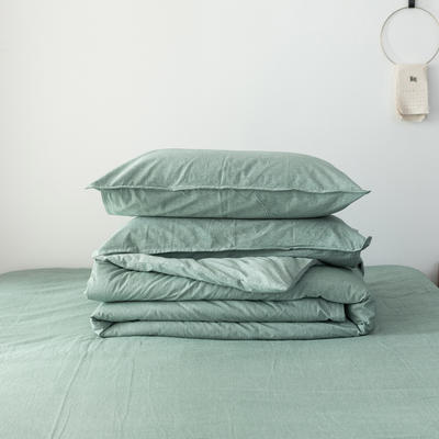 日式无印色织全棉水洗棉被套简约纯棉被罩+枕套三件套 180*220 绿色