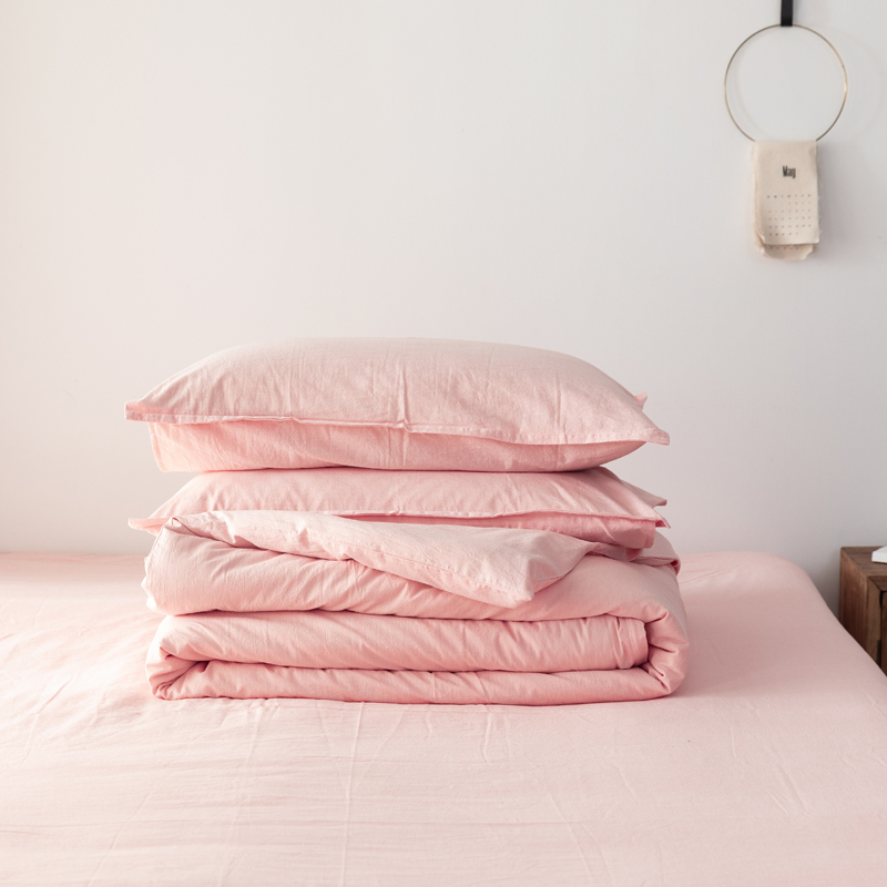 日式无印色织全棉水洗棉被套简约纯棉被罩+枕套三件套 180*220 粉色