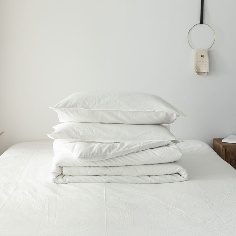 日式无印色织全棉水洗棉被套简约纯棉被罩+枕套三件套 180*220 白色