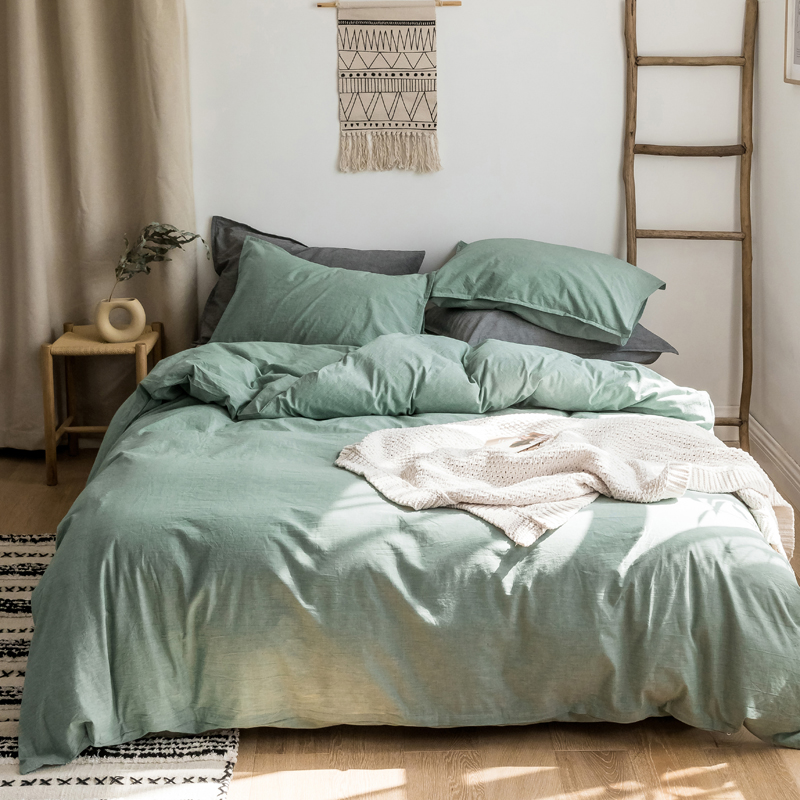 无印风全棉色织水洗棉四件套日式简约纯棉床上三件套 1.5m（5英尺）床 绿浅驼
