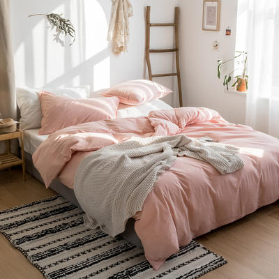 无印风全棉色织水洗棉四件套日式简约纯棉床上三件套 1.5m（5英尺）床 浅粉白