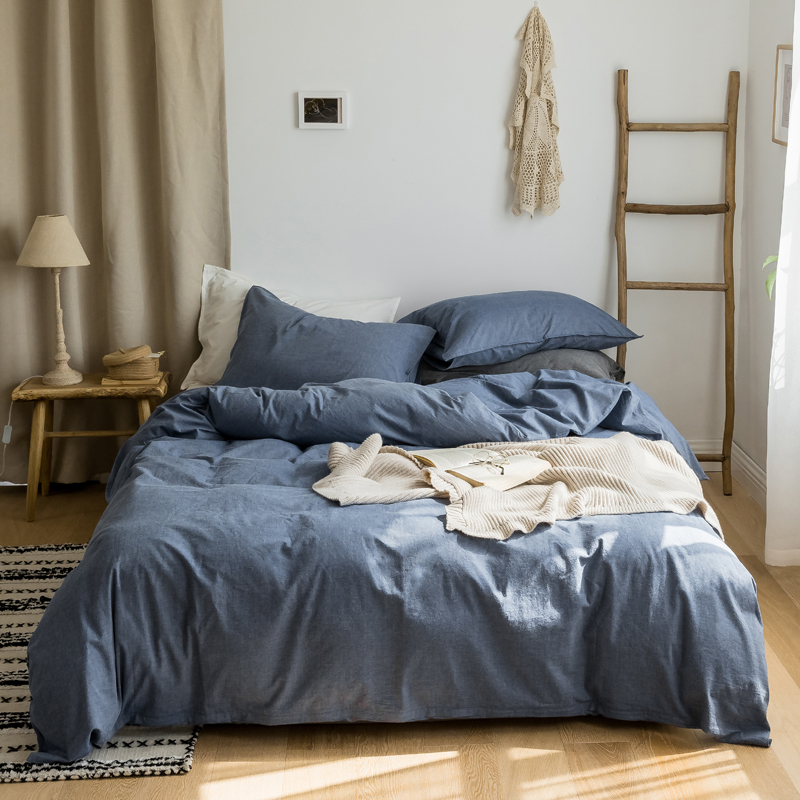 无印风全棉色织水洗棉四件套日式简约纯棉床上三件套 1.5m（5英尺）床 深蓝白