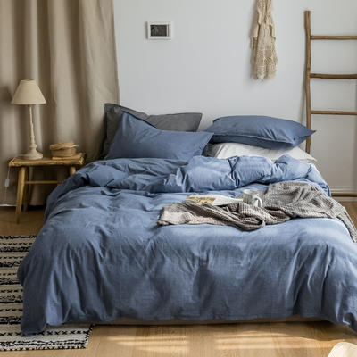 无印风全棉色织水洗棉四件套日式简约纯棉床上三件套 1.5m（5英尺）床 深蓝灰