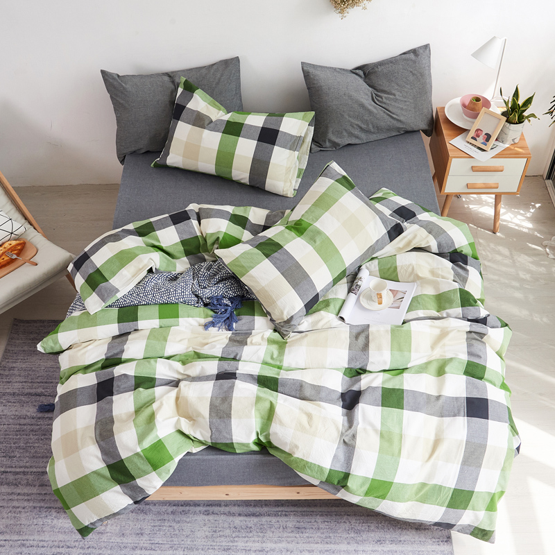 简约日式全棉色织水洗棉三件套纯棉无印床单被套四件套床上用品 1.5床单（180*220被套） 绿白大格（灰）