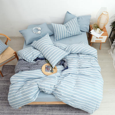 简约日式全棉色织水洗棉三件套纯棉无印床单被套四件套床上用品 1.5床（180*220被套） 浅蓝白条（天蓝）