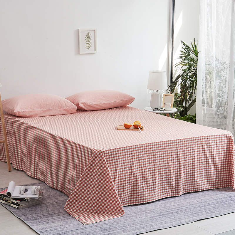 日式简约全棉色织水洗棉床单单件无印风纯棉被单 200cmx230cm 橙红小格