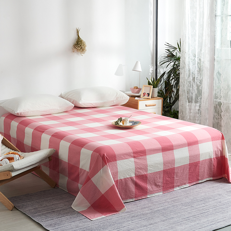 日式简约全棉色织水洗棉床单单件无印风纯棉被单 200cmx230cm 粉白大格