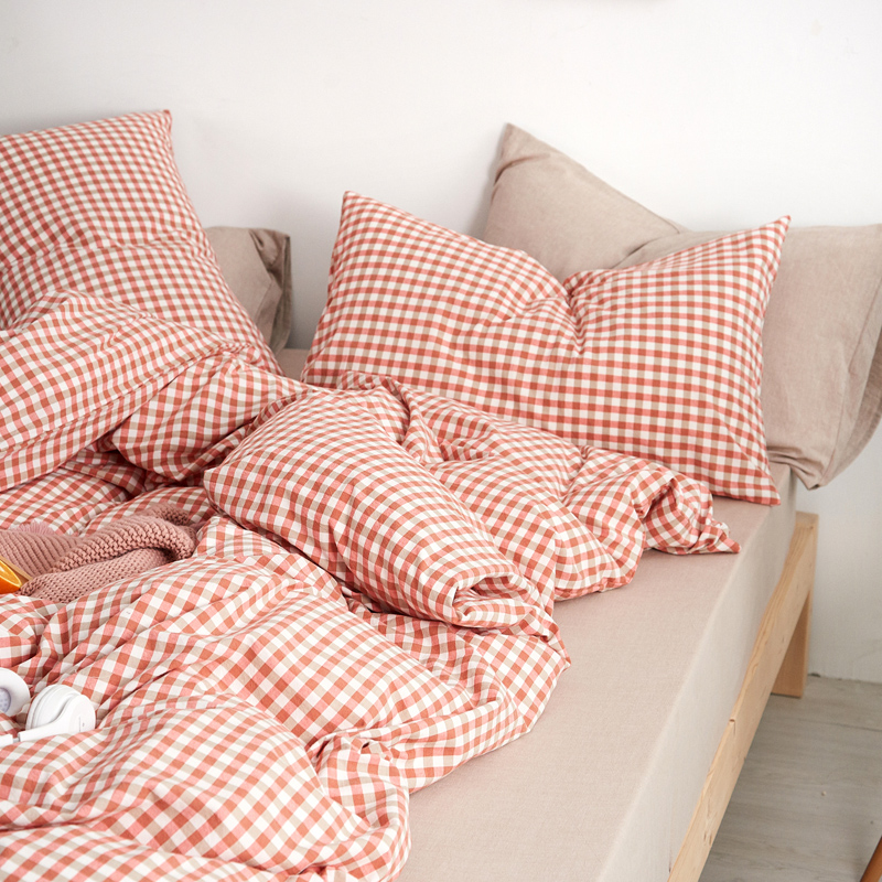 Mrpig纯棉四件套全棉床上用品学生三件套水洗棉床单四件套 1.35m（4.5英尺）床 橙红小格驼