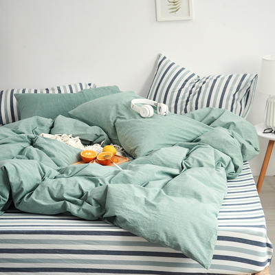 Mrpig纯棉四件套全棉床上用品学生三件套水洗棉床单四件套 1.35m（4.5英尺）床 绿蓝白条纹