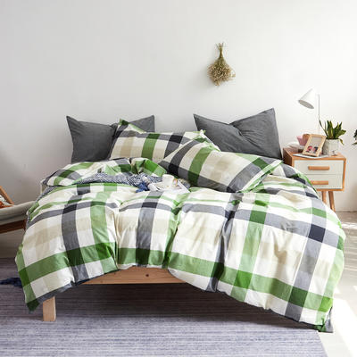 Mrpig纯棉四件套全棉床上用品学生三件套水洗棉床单四件套 1.35m（4.5英尺）床 绿白大格灰