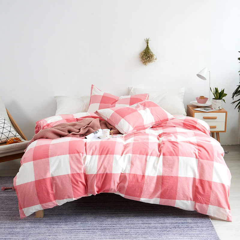 Mrpig纯棉四件套全棉床上用品学生三件套水洗棉床单四件套 1.35m（4.5英尺）床 粉红大格白