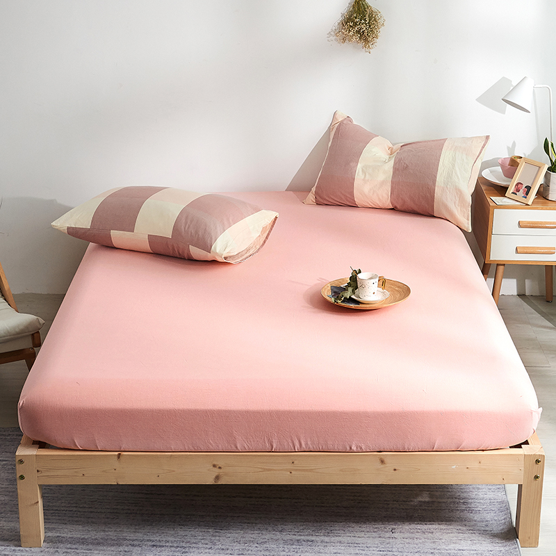 色织全棉水洗棉床笠单件床垫套1.5米纯棉床单床罩床套1.8床 180cmx200cm 粉色