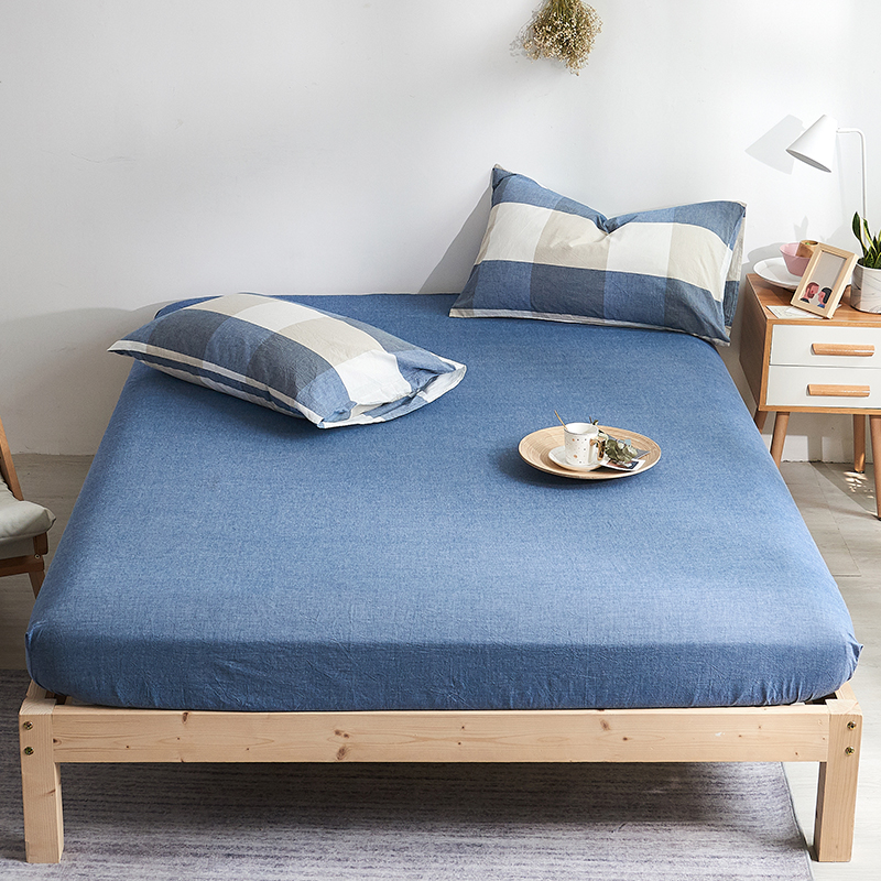 色织全棉水洗棉床笠单件床垫套1.5米纯棉床单床罩床套1.8床 180cmx200cm 牛仔蓝