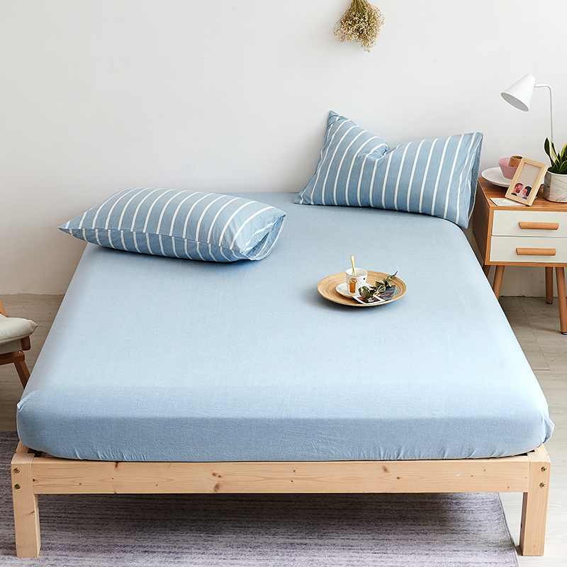 色织全棉水洗棉床笠单件床垫套1.5米纯棉床单床罩床套1.8床 180cmx200cm 浅蓝