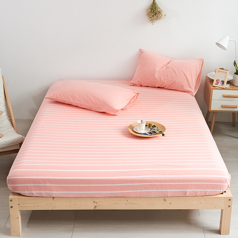 色织全棉水洗棉床笠单件床垫套1.5米纯棉床单床罩床套1.8床 180cmx200cm 浅粉白条