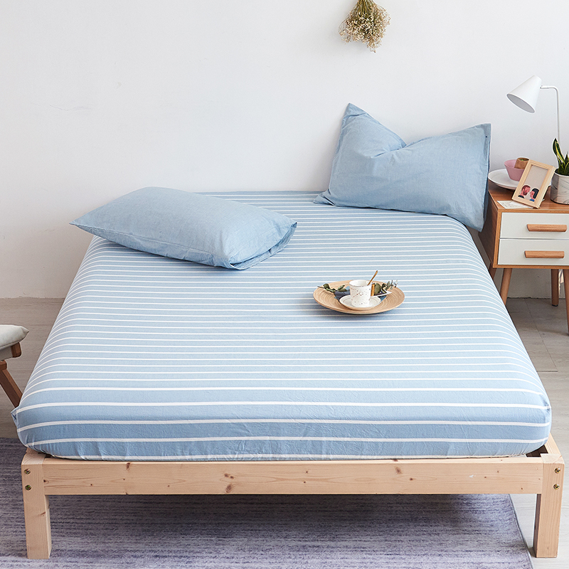 色织全棉水洗棉床笠单件床垫套1.5米纯棉床单床罩床套1.8床 180cmx200cm 浅蓝白条