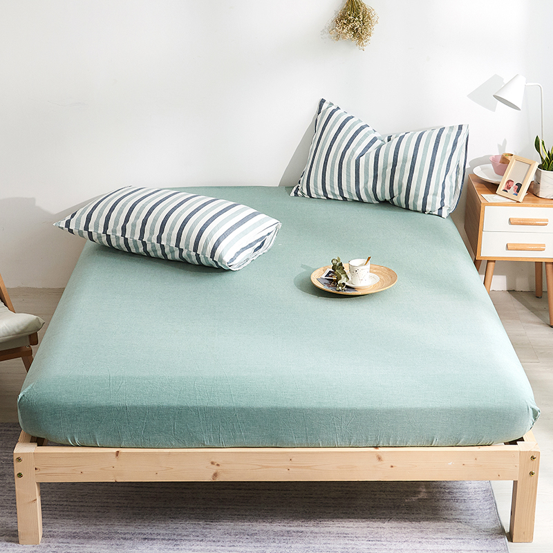 色织全棉水洗棉床笠单件床垫套1.5米纯棉床单床罩床套1.8床 180cmx200cm 绿