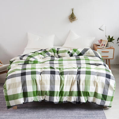 工厂外贸水洗棉床上四件套全棉学生宿舍纯棉床单被套裸睡床罩被罩 180x220cm 绿白大格
