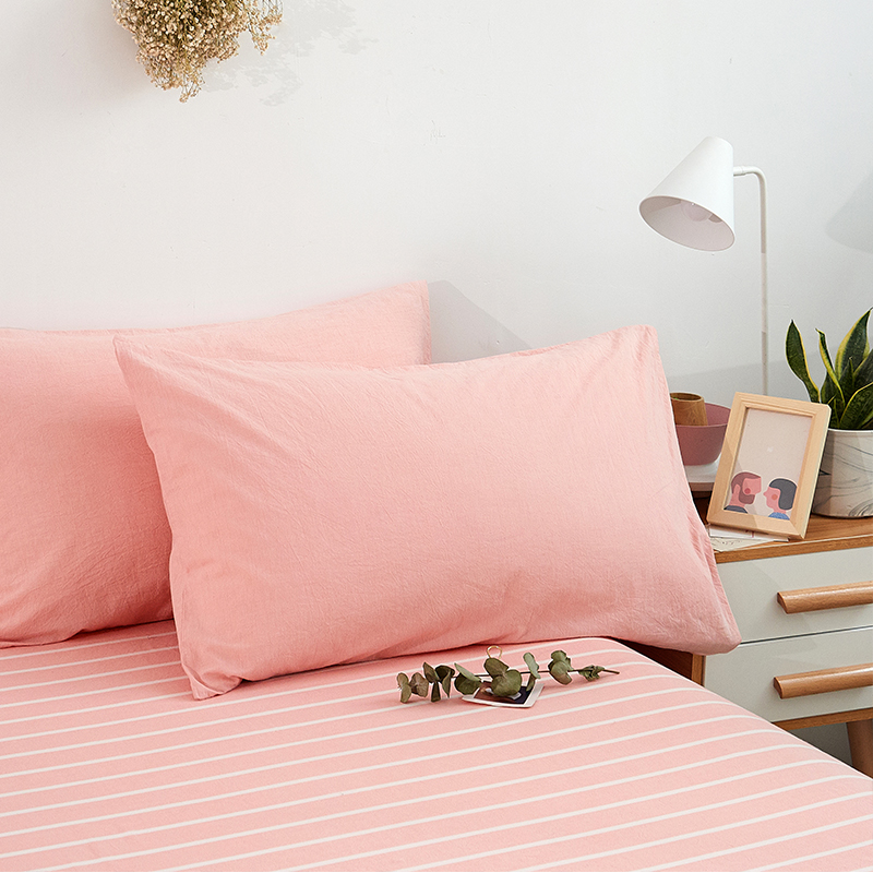简约日式色织全棉水洗棉枕套纯棉枕头套单人枕芯套一对装 48cmX74cm 粉色