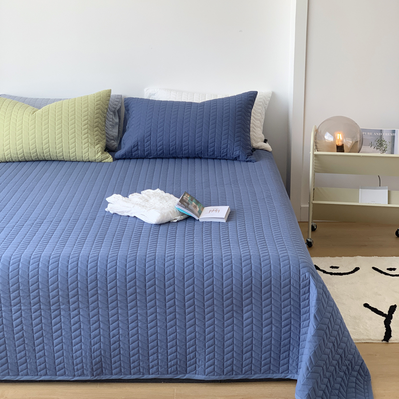 纯棉水洗棉床单床盖三件套榻榻米全棉防滑垫绗缝盖毯被子四季可用 200cmx230cm 海蓝