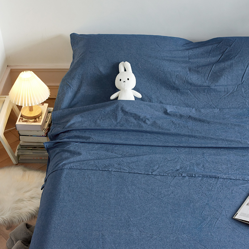 无印色织全棉水洗棉酒店隔脏睡袋便携式出差旅游行单双人床单被套 130*210cm 蓝色