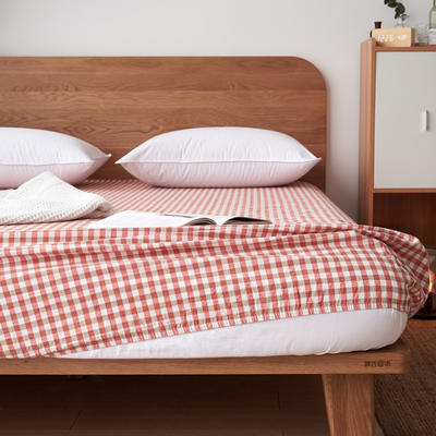 全棉色织水洗棉床笠单件纯棉床罩1.5m1.8米床垫防尘保护套 150cmx200cm+30cm 橙红小格